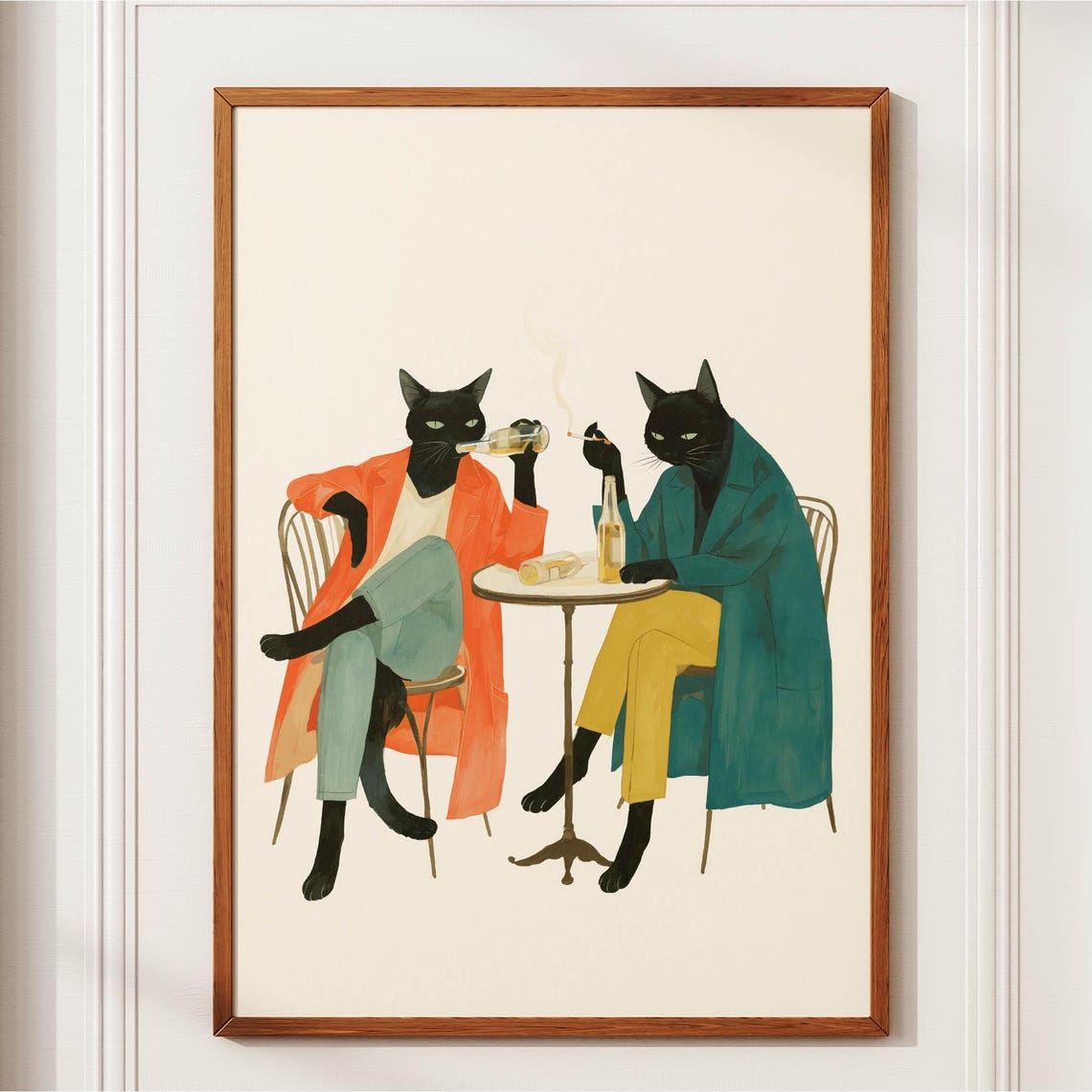 Black Cat Smoking Poster Funny Cats Drinking Beer Print Quirky Wall Art Bar Cart Decor Whimsical Kitchen Lover Gift