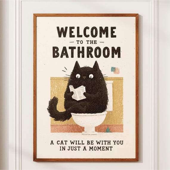 Welcome To The Bathroom Print Funny Black Cat Poster Quirky Vintage Wall Art Gift For Lover Tuxedo Toilet Decor