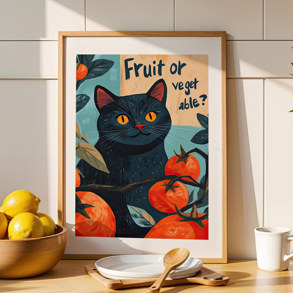 Black Cat With Tomatoes Fruit Or Veget Able Funny Kitchen Retro Style Humor Poster - Image 6