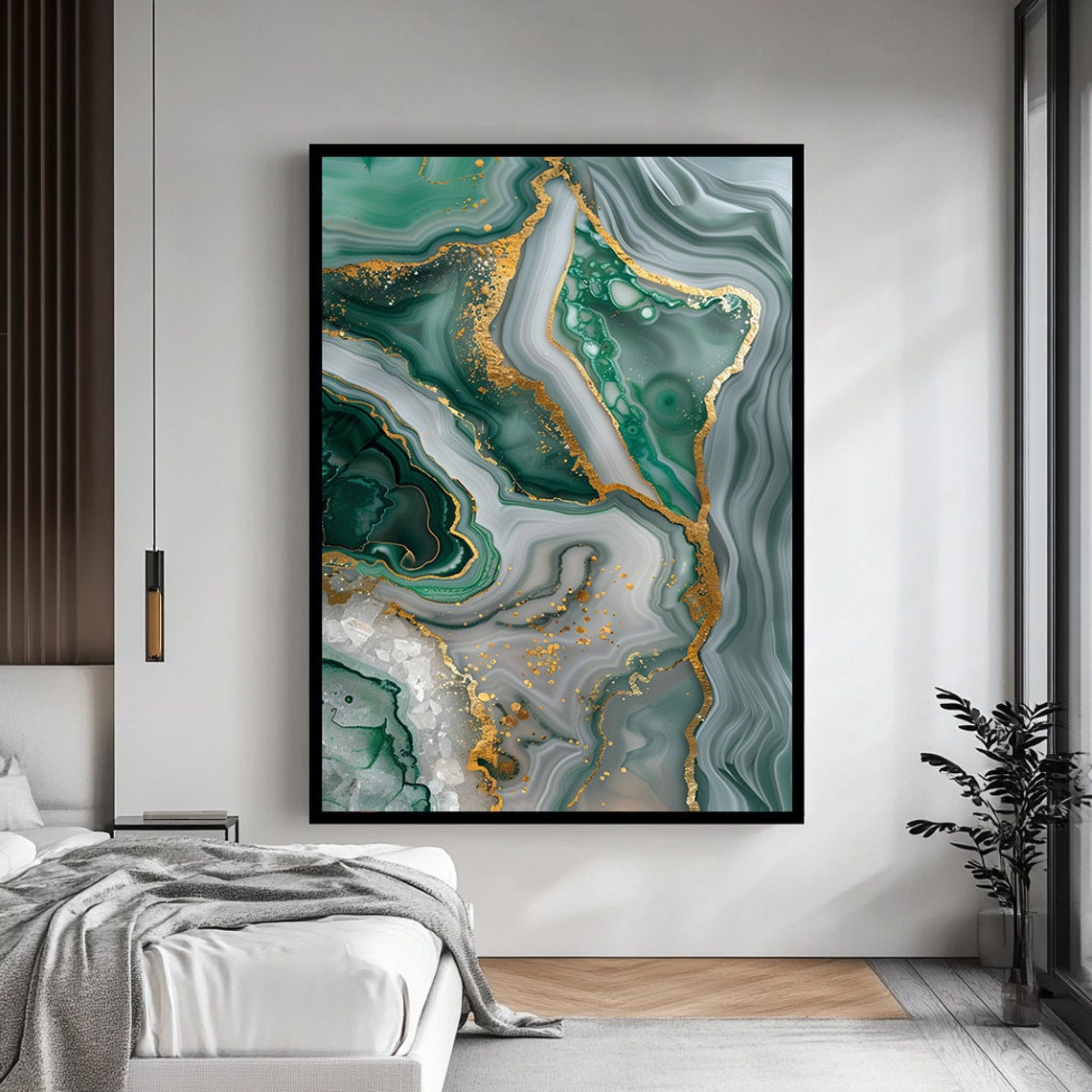 Green White Marble Agate Gold Accents Abstract Stone Art Poster