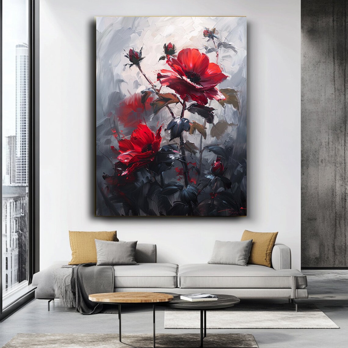 Abstract Red Flowers Oil Painting Bold Floral Impasto Poster - Image 2