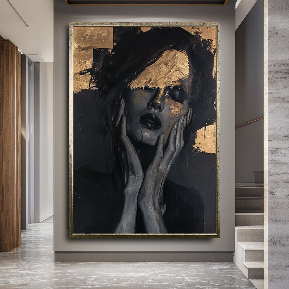 Dark Moody Woman Portrait Gold Leaf Hands To Face Art Poster - Image 4