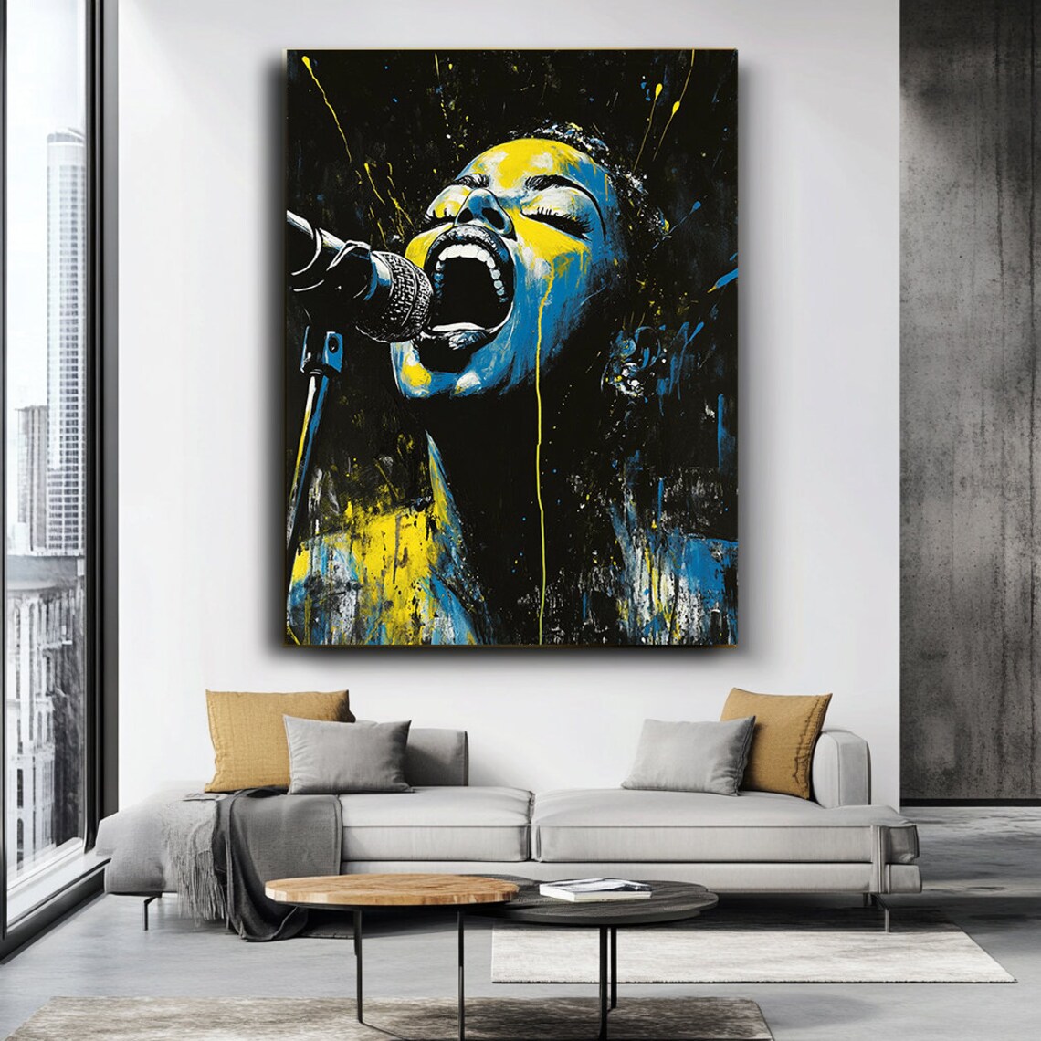 Black Blue Yellow Female Singer Microphone Pop Art Style Wall Art Print - Image 3