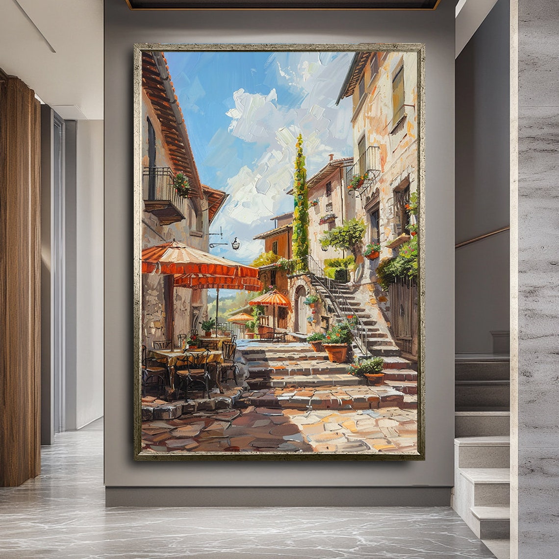 Italian Old Town Street Stone Steps Cafe Umbrellas Travel Poster - Image 2