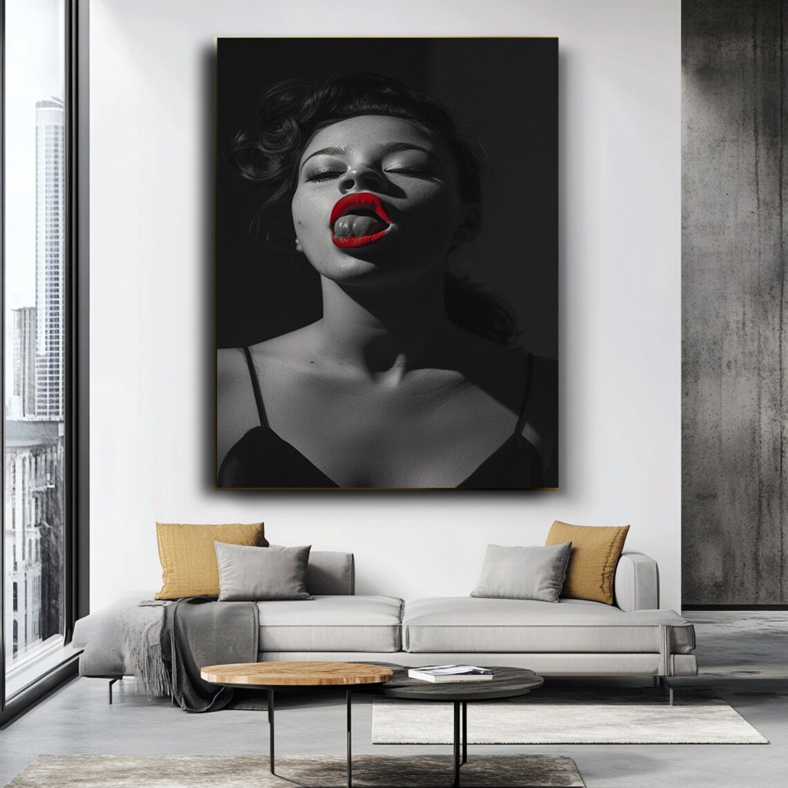 Woman Red Lips Tongue Black White Portrait Bold Fashion Poster - Image 4