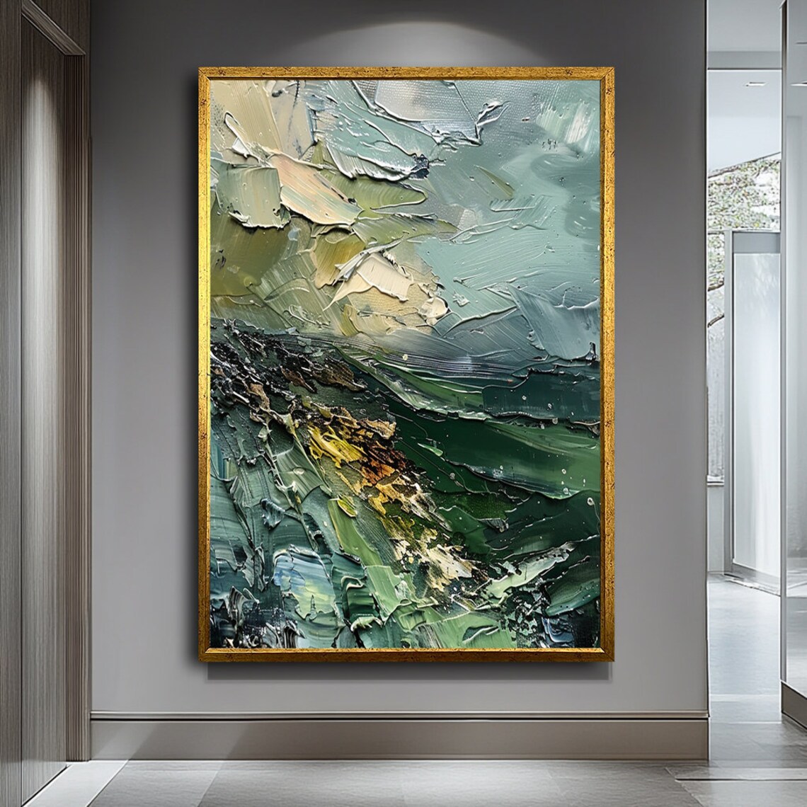 Green Blue Impasto Wave Thick Textured Oil Painting Art Poster
