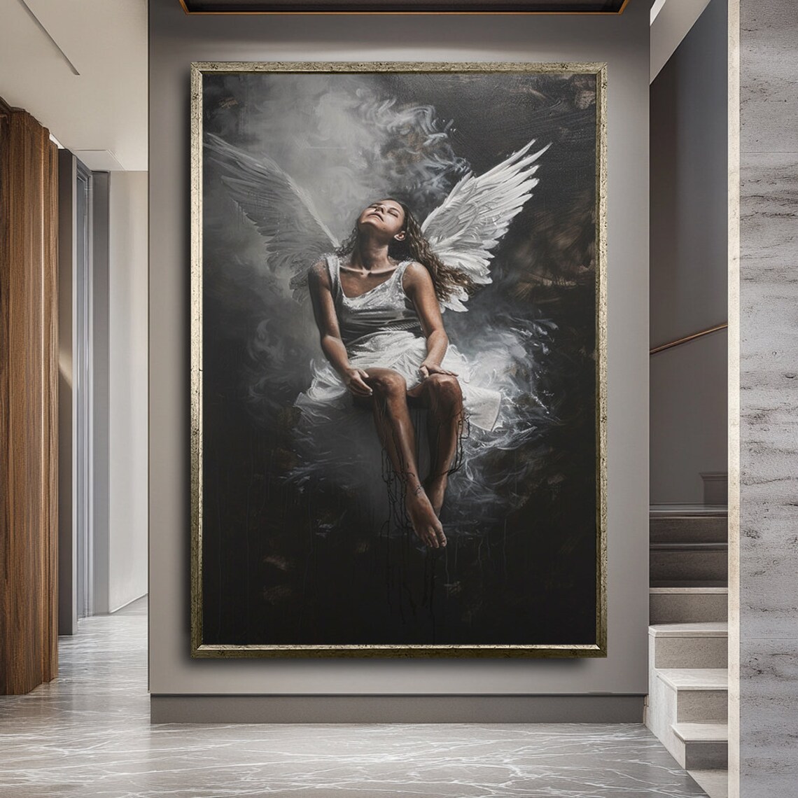 Winged Woman Floating In Dark Smoke White Dress Fantasy Ethereal Art Poster - Image 2