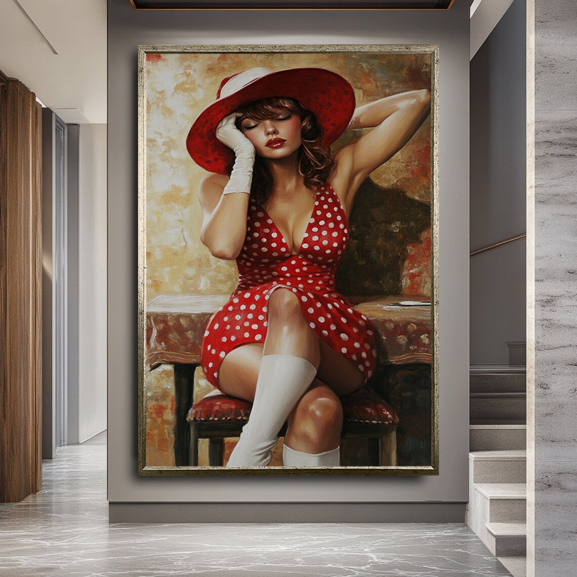 Retro Pin Up Woman Red Polka Dot Dress Red Hat Vintage Glamour Wall Poster - Image 2