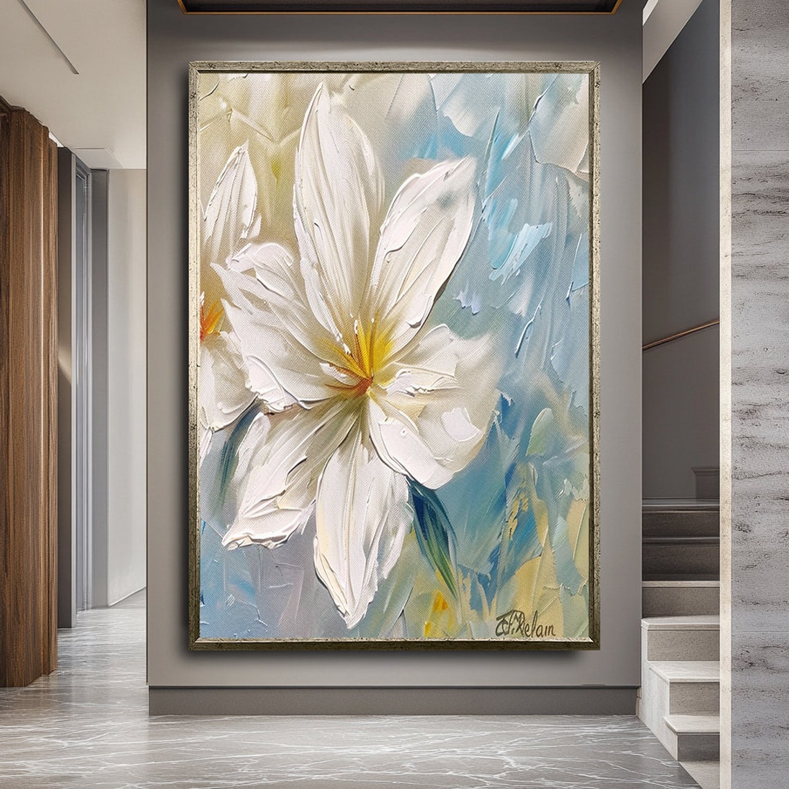 White Flower Impasto Painting Soft Blue Background Wall Art Poster - Image 2
