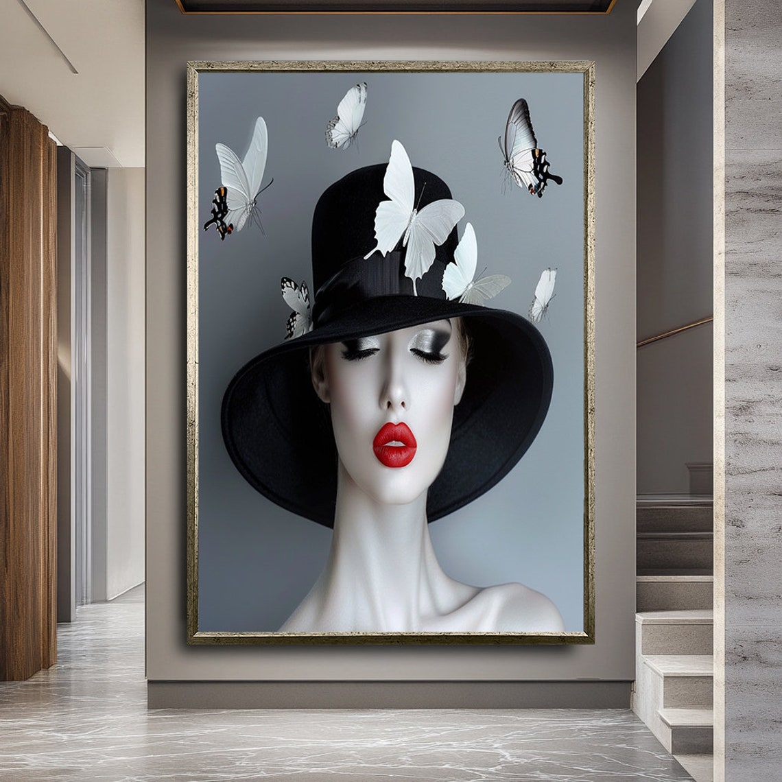 Monochrome Woman Black Hat Red Lips White Butterflies Poster - Image 3