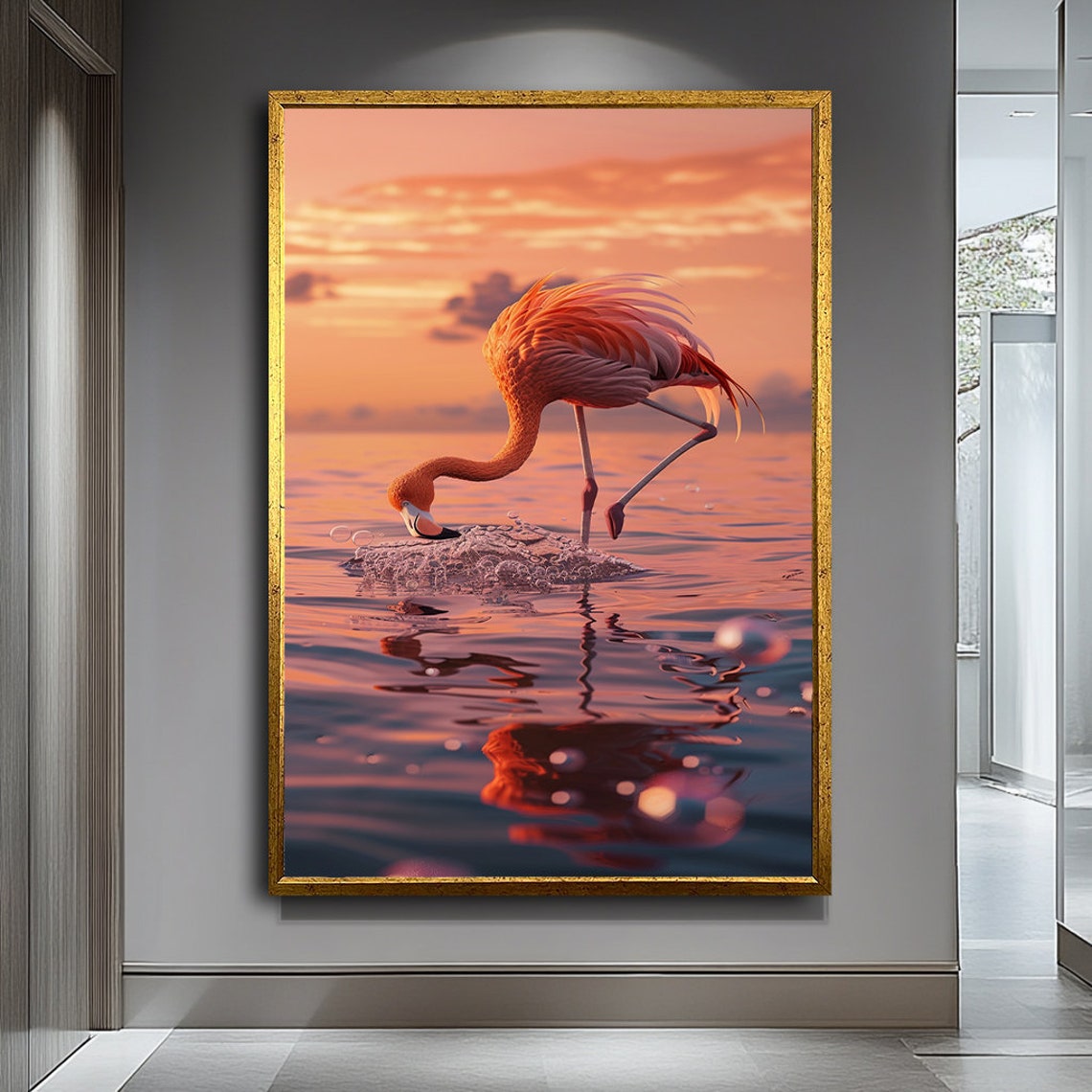 Flamingo Drinking Water Sunset Orange Reflection Bird Art Poster