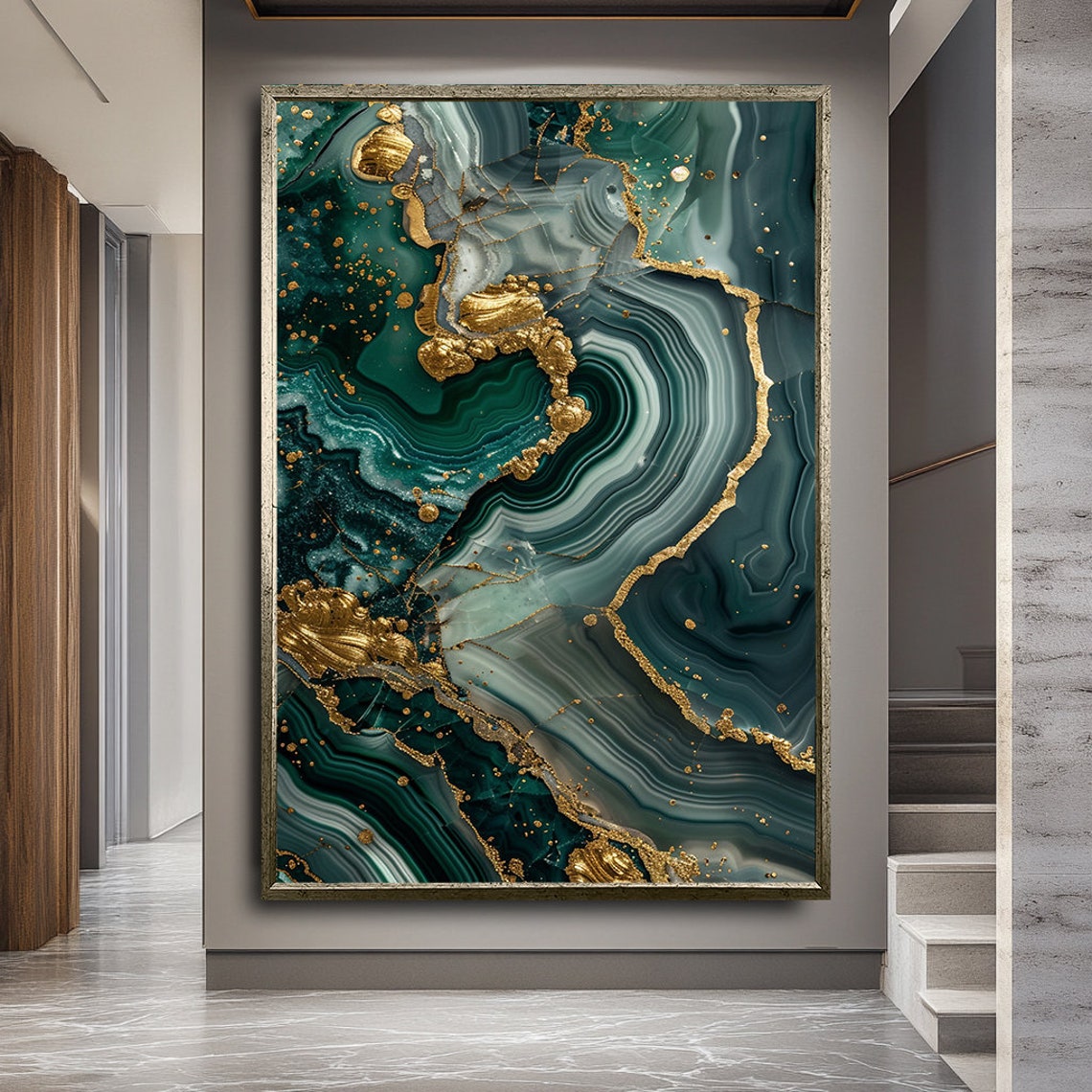Deep Dark Teal Emerald Marble Gold Veins Abstract Luxury Poster