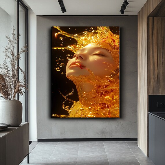 Woman Face Golden Liquid Splash Dark Background Dramatic Poster