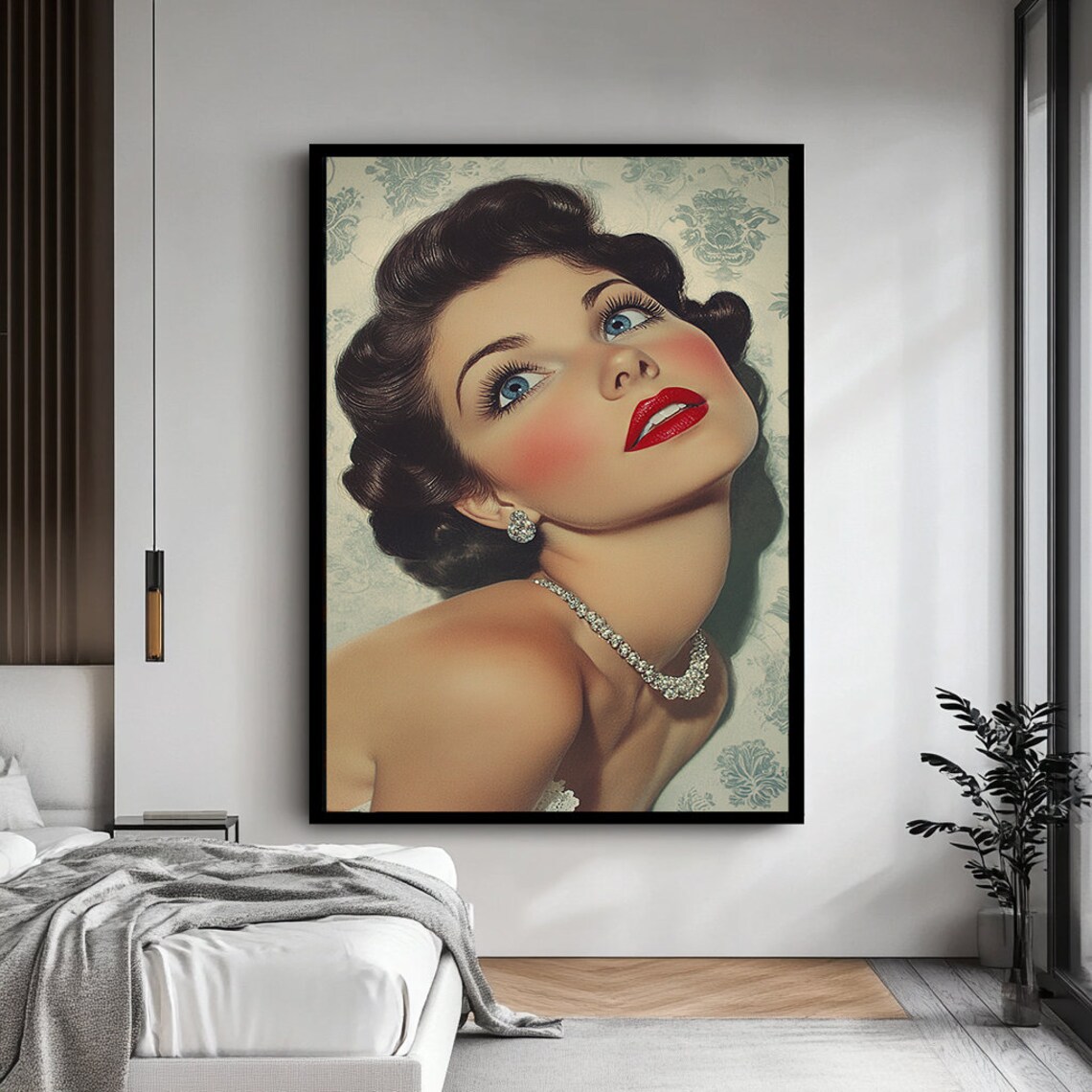 Retro Glamour Portrait Blue Eyed Woman Red Lips Diamond Jewelry Wall Poster - Image 4