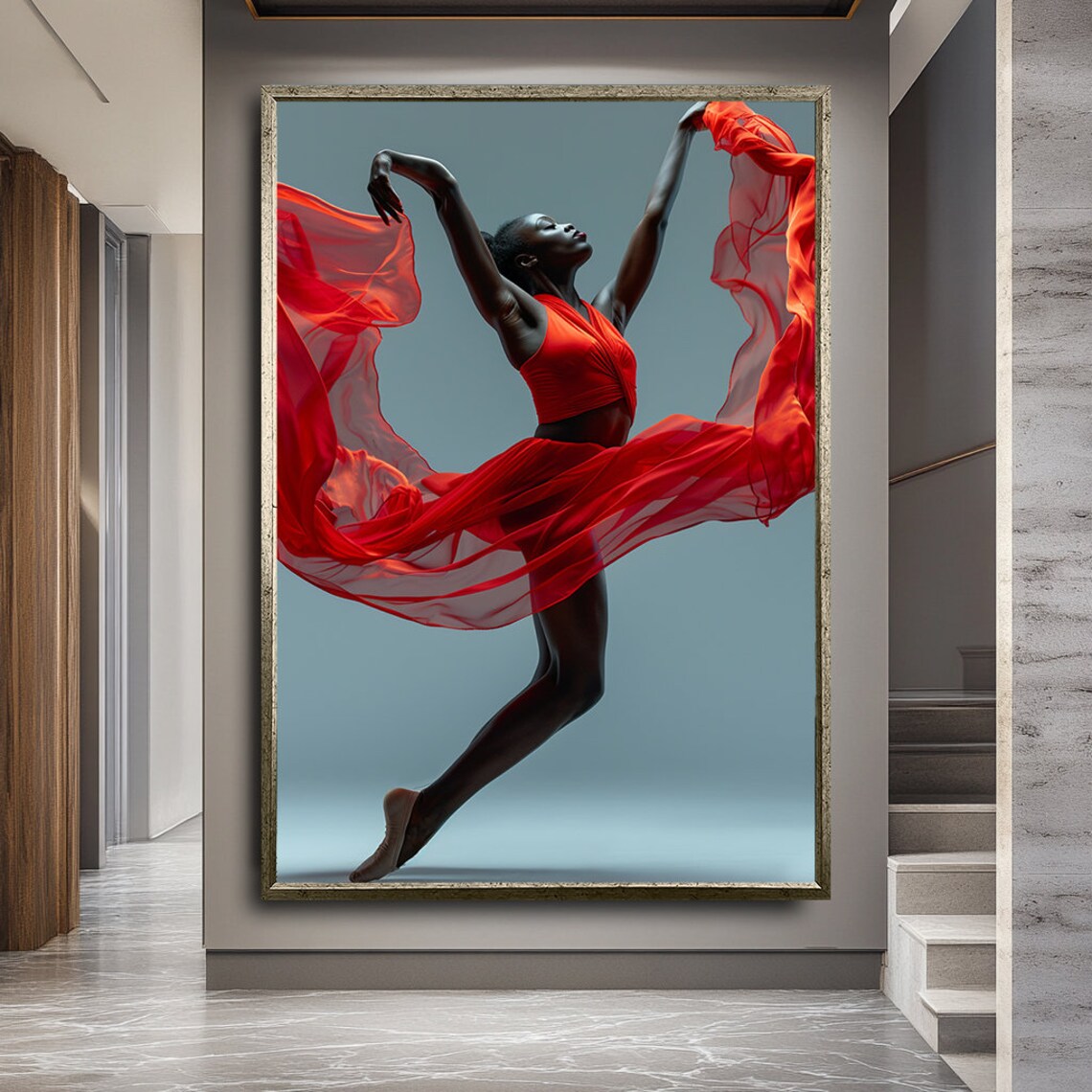 African Ballerina Flowing Red Gown Dynamic Ballet Leap Poster - Image 2
