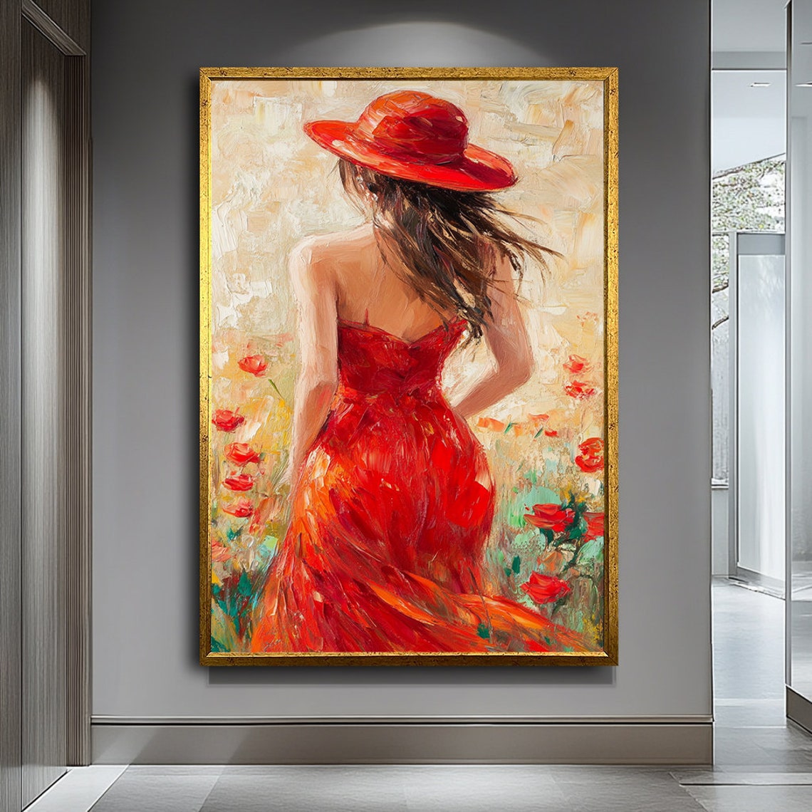 Stylish Art Print Elegant Lady In Red Dress And Hat Vintage Glamour Wall Art Fashion Portrait Print High Fashion Print - Image 4