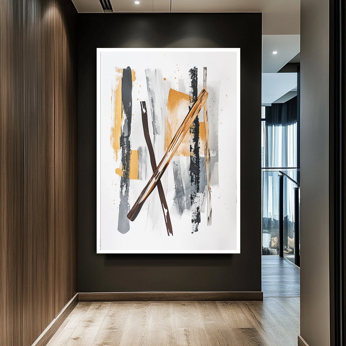 Diagonal Brown Black Ochre Brushstroke Dynamic Abstract Art Poster - Image 2