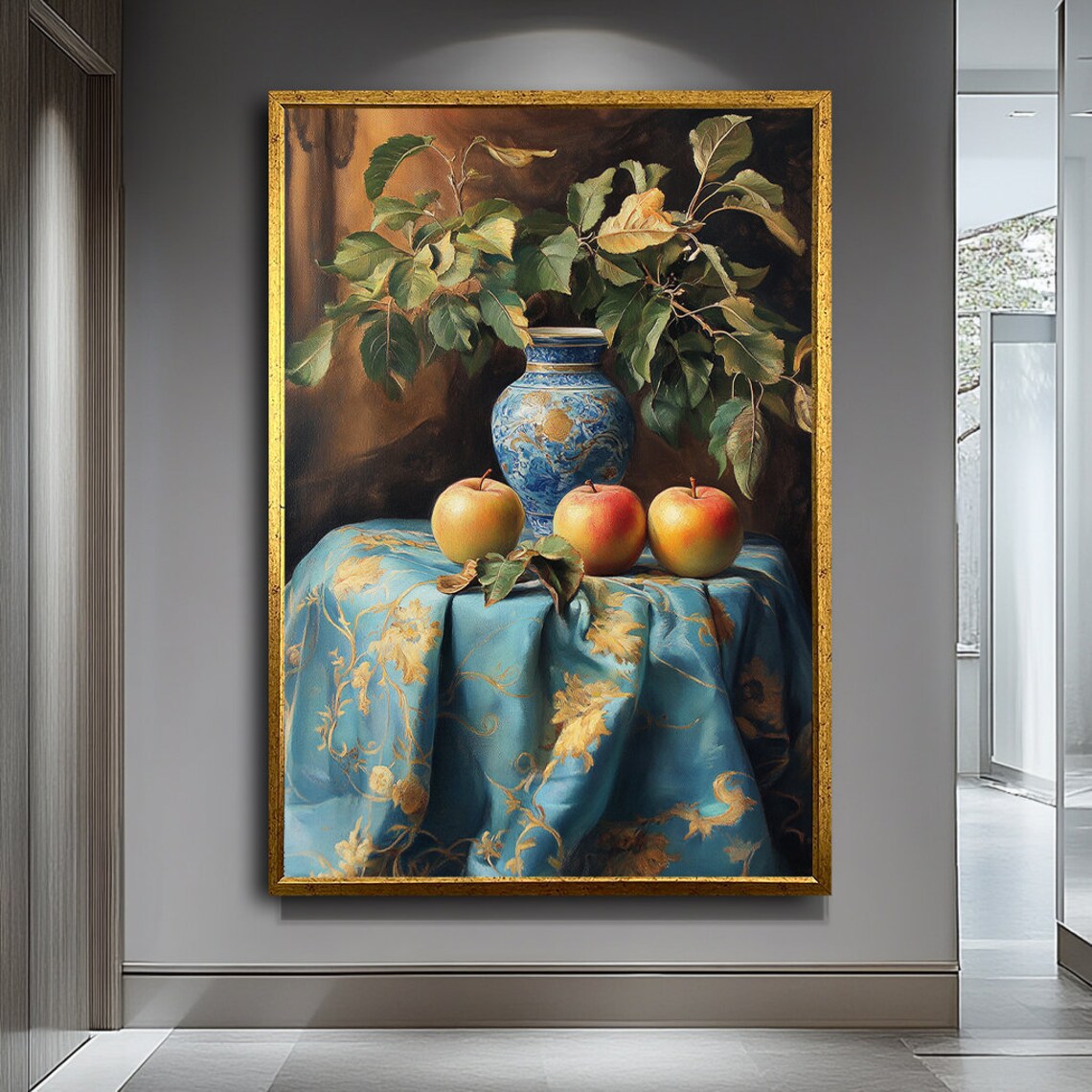 Fruit And Vase On Table Still Life Art Classic Nature Inspired Painting Elegant Home Decor