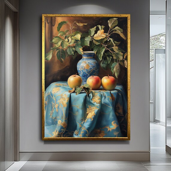 Fruit And Vase On Table Still Life Art Classic Nature Inspired Painting Elegant Home Decor