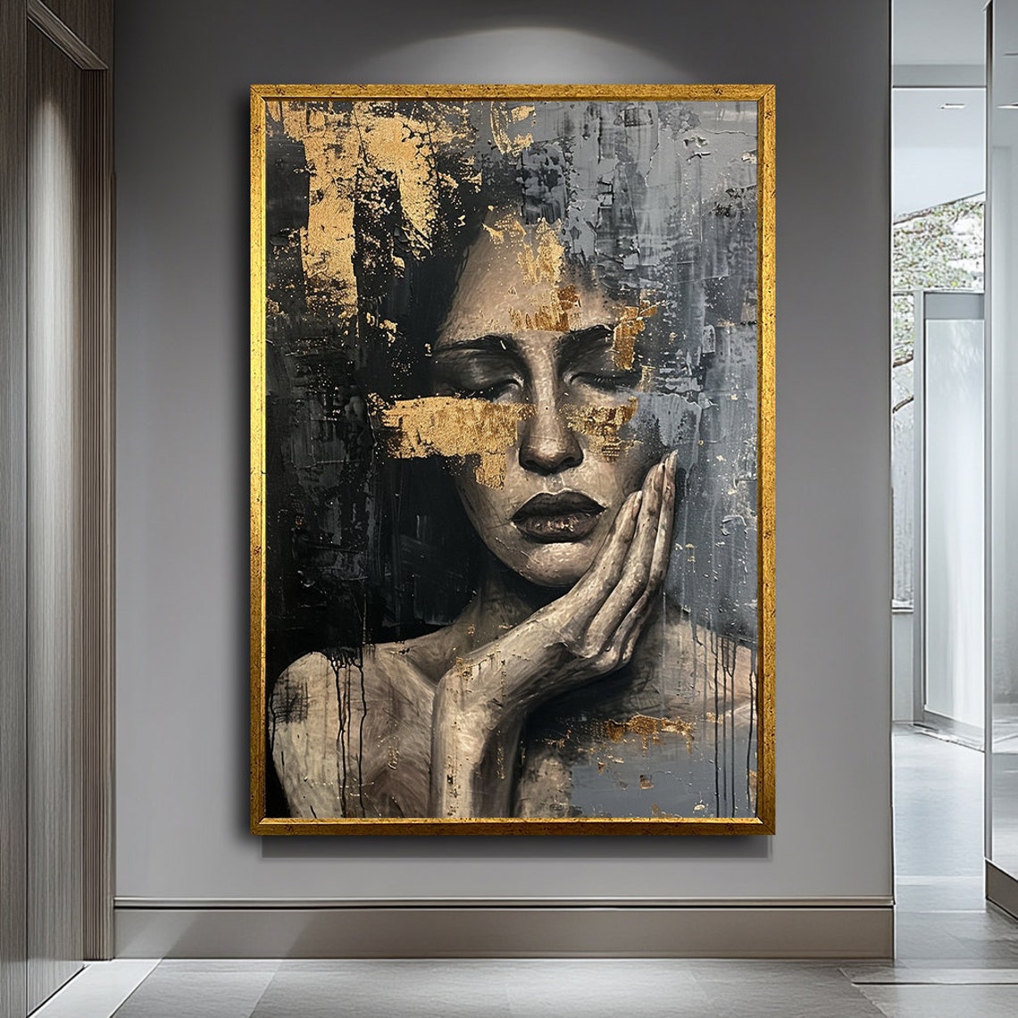 Woman Portrait Gold Leaf Black Gray Dramatic Modern Art Poster - Image 2