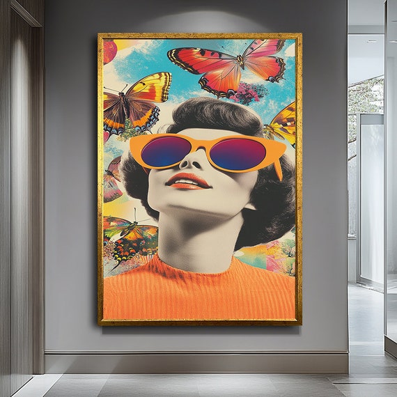 Pop Art Woman With Glasses And Butterflies Colorful Retro Wall Art Unique Home Decor
