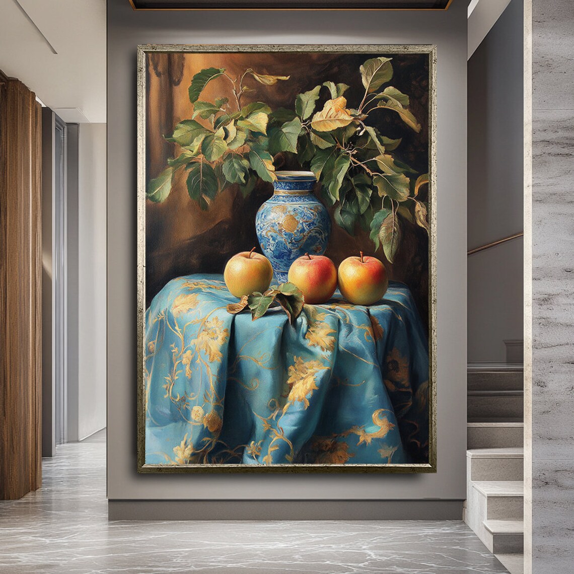 Fruit And Vase On Table Still Life Art Classic Nature Inspired Painting Elegant Home Decor - Image 2