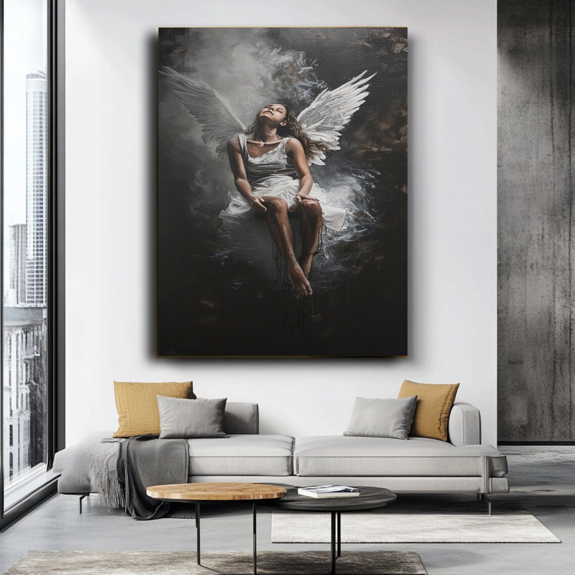Winged Woman Floating In Dark Smoke White Dress Fantasy Ethereal Art Poster - Image 3