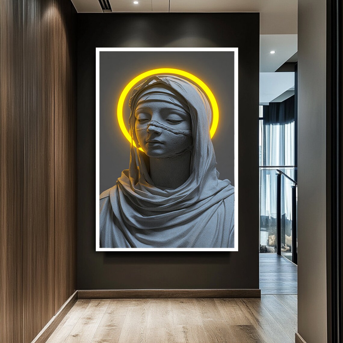 Virgin Mary Statue Glowing Halo Stone Sculpture Religious Sacred Art Wall Poster - Image 2