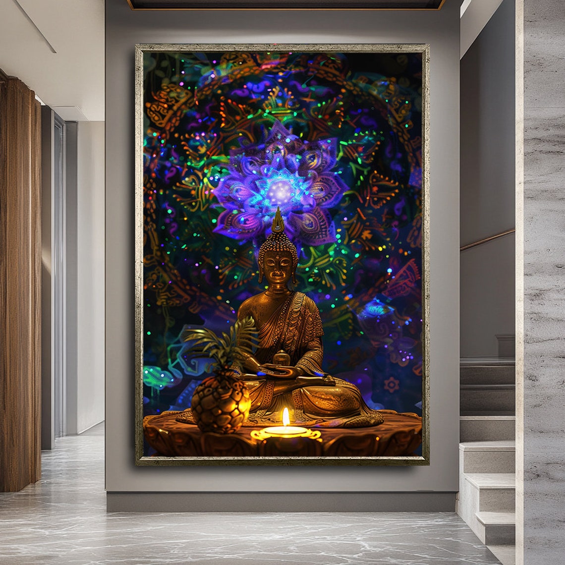 Golden Buddha Meditating Before Glowing Purple Mandala Zen Art Poster - Image 3