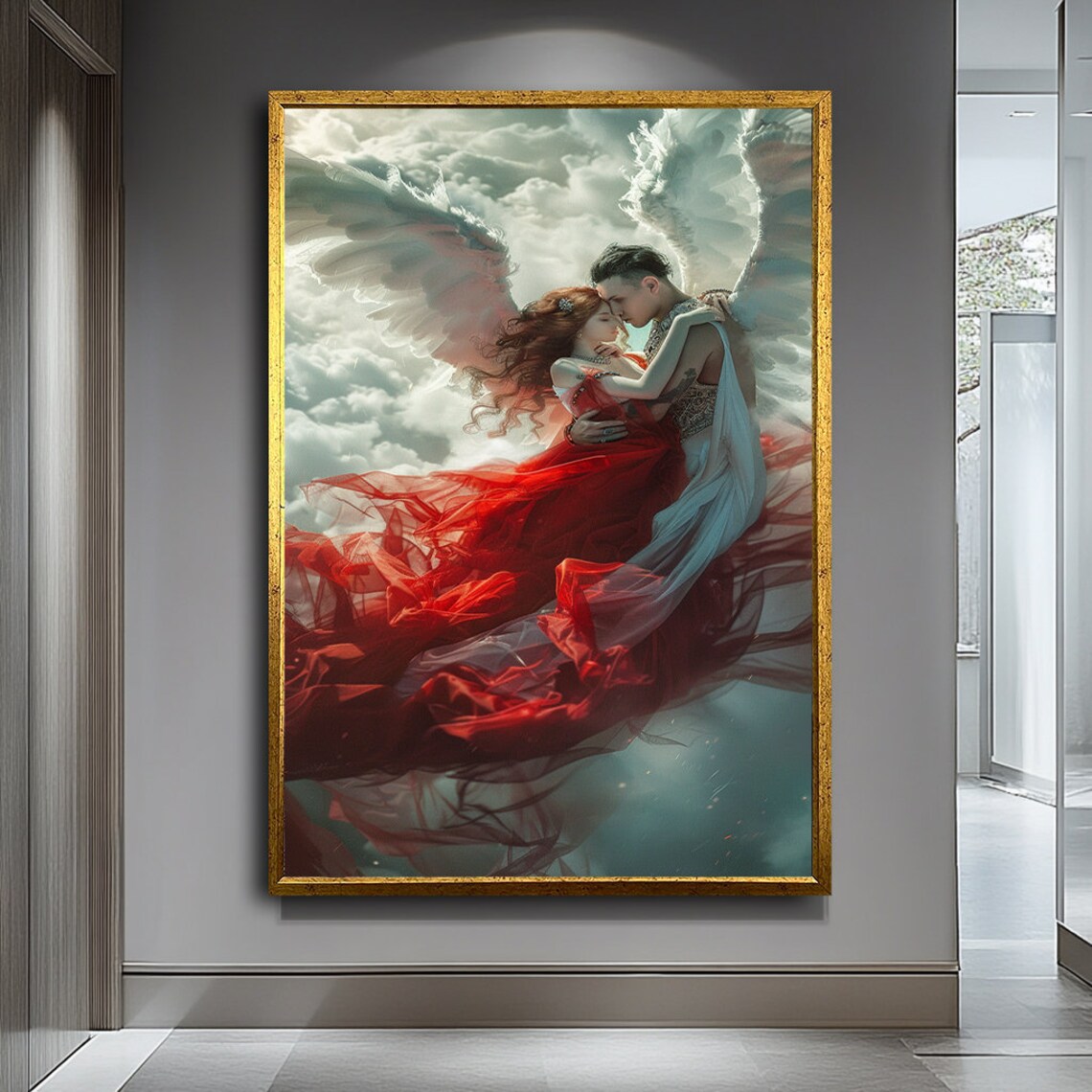 Angel Couple Embracing Among Clouds Romantic Fantasy Wings Love Art Poster