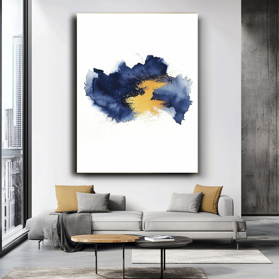 Minimalist Navy Gold Watercolor Blot Centered Abstract Art Poster - Image 3
