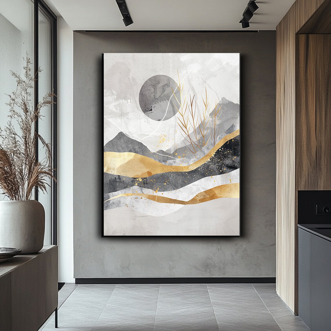 Golden Moon Over Layered Mountain Waves Abstract Landscape Wall Art - Image 4