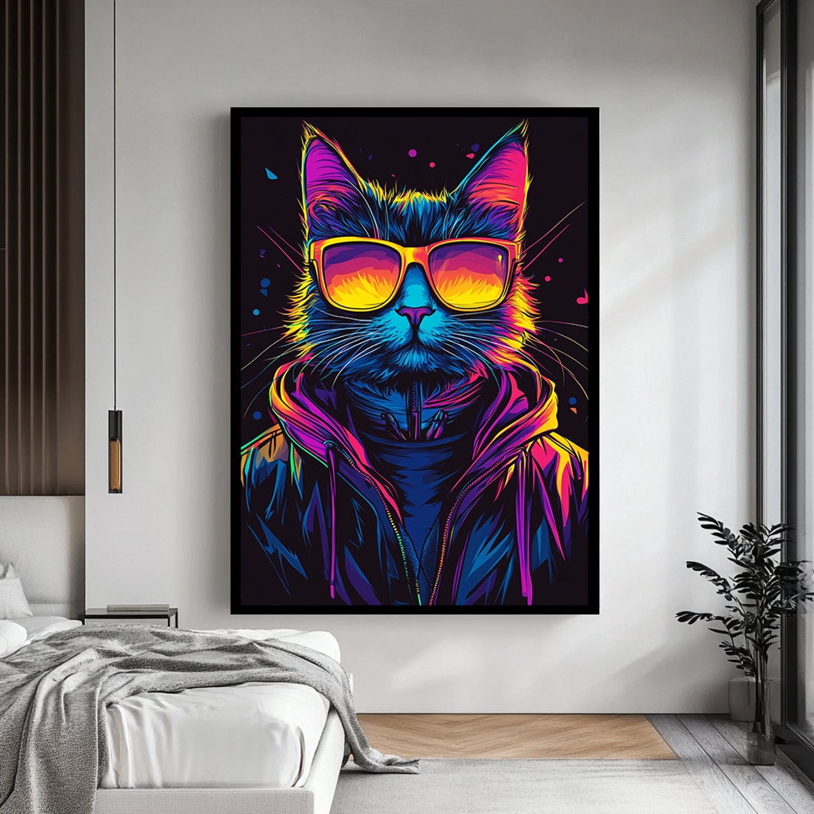 Neon Pop Art Cat Wearing Sunglasses Cool Colorful Animal Poster - Image 4