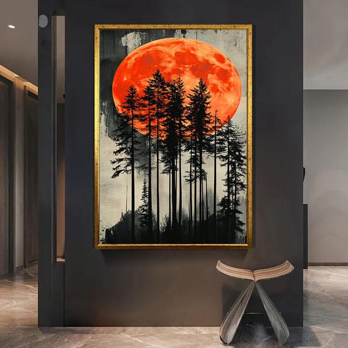 Red Blood Moon Rising Over Pine Forest Silhouette Night Sky Art Poster