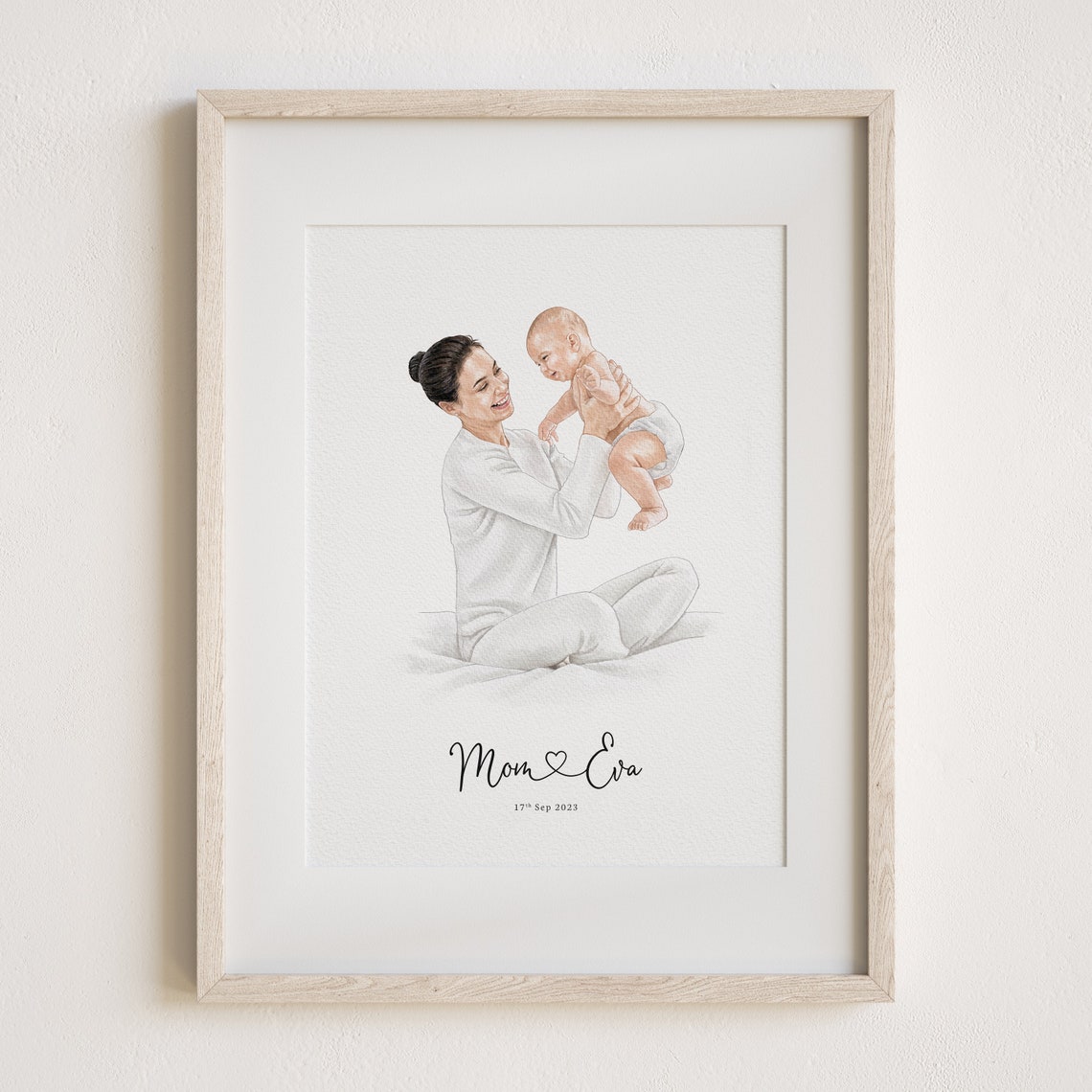 Mom and Baby Custom Watercolor Portrait Print For Mothers Day Gift