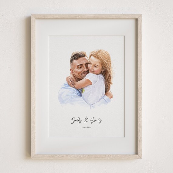 Personalized Watercolour Dad and Girl Portrait Art