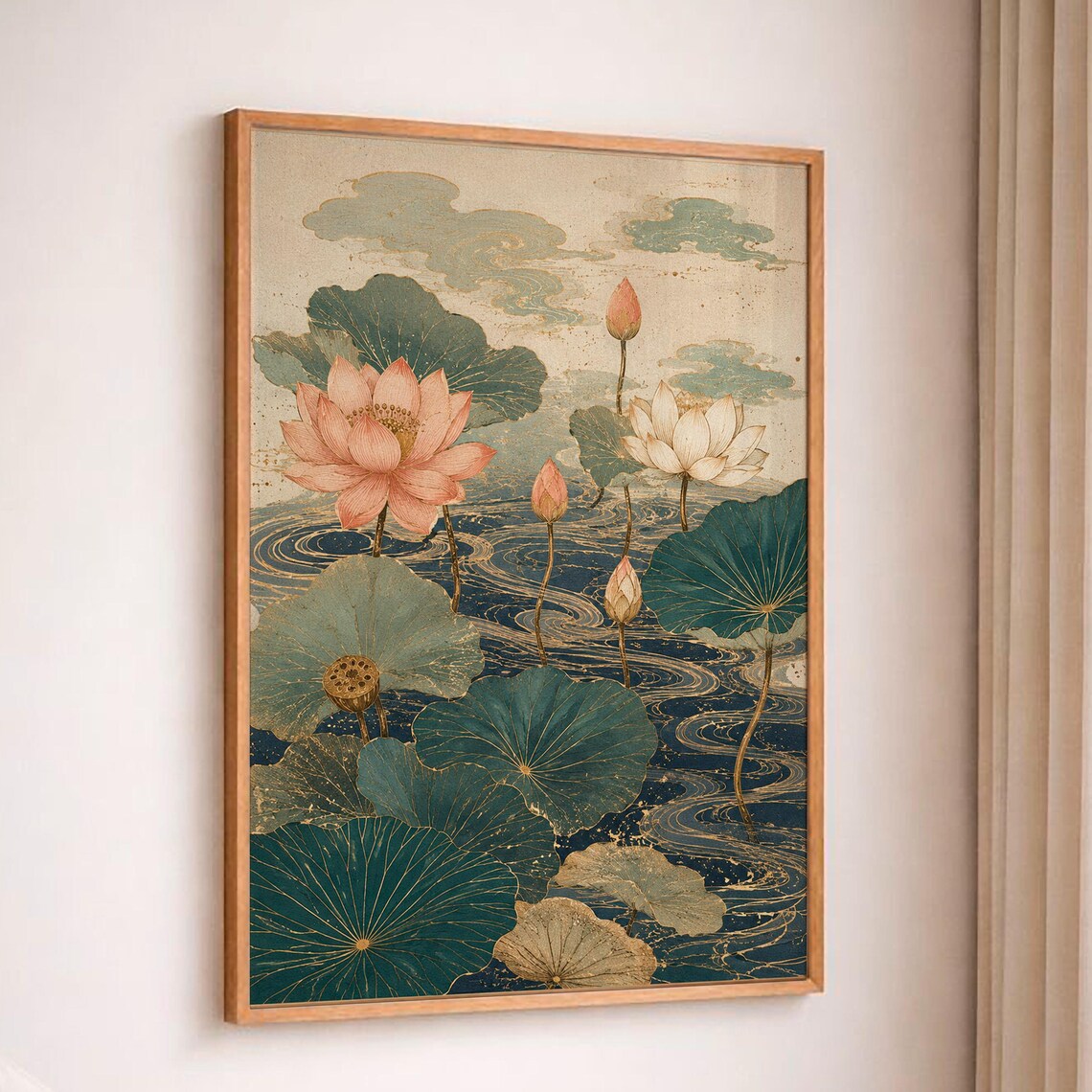 Japanese Lotus Pond Flowers Gold Leaf Elegant Illustration Art Print