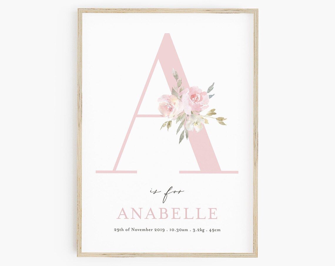Floral Initial Personalized Name Nursery Wall Art