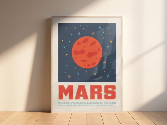 Retro Mars Red Planet on Starry Sky Kids Room Astronomy Poster