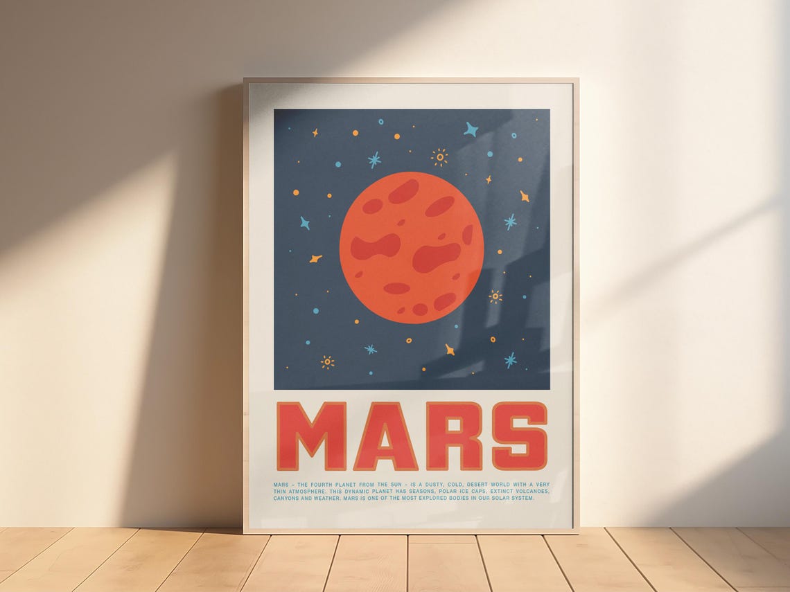 Retro Mars Red Planet on Starry Sky Kids Room Astronomy Poster