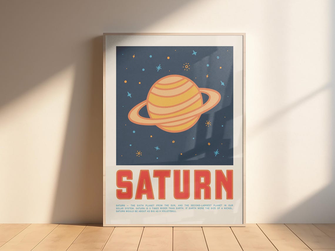 Retro Saturn Planet Facts Kids Room Educational Space Wall Art