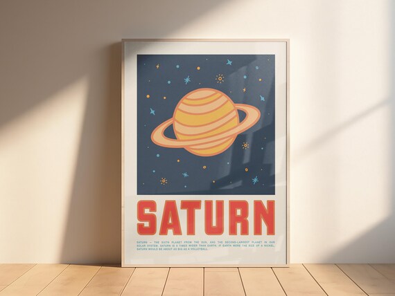 Retro Saturn Planet Facts Kids Room Educational Space Wall Art