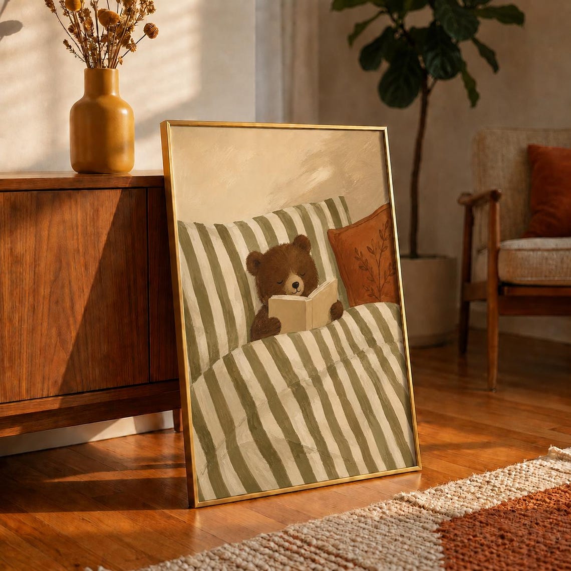 Reading Bear Oil Painting Poster Cub In Bed With Book Print Sage Green Nursery Wall Art Woodland Bedroom Decor Lover Gift - Image 3