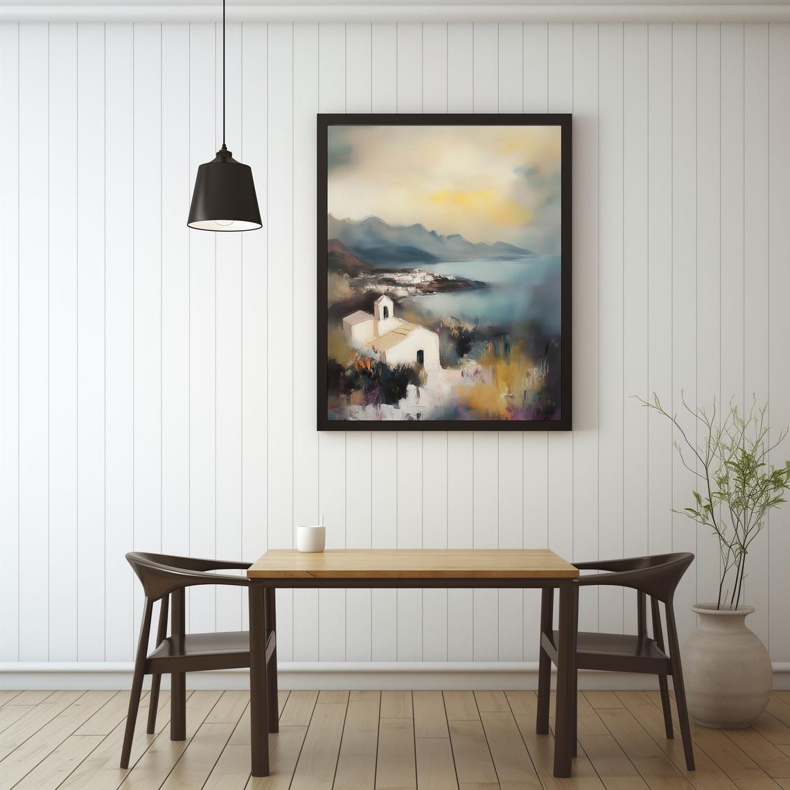 Muted Coastal Chapel Overlooking Quiet Bay Landscape Art Print - Image 2