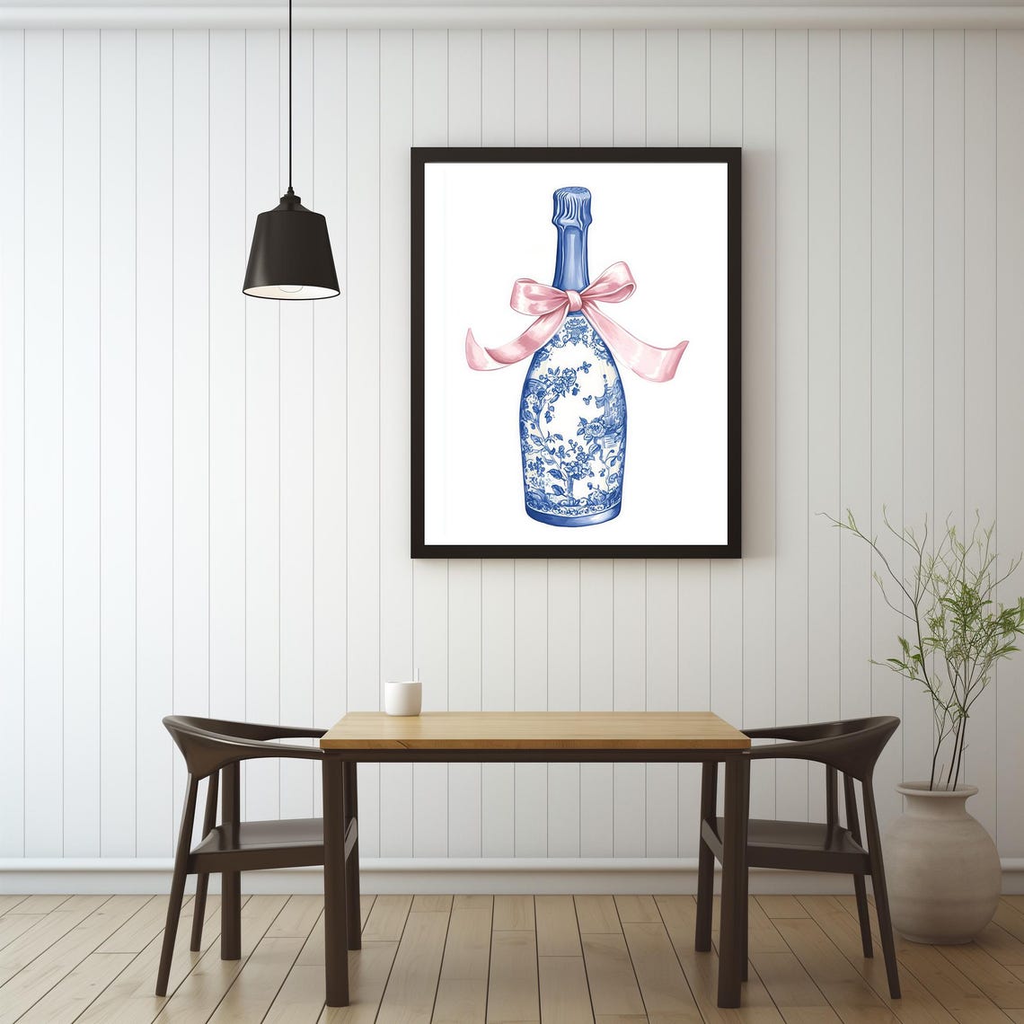 Chinoiserie Champagne Bottle With Pink Bow Blue White Art Poster - Image 3