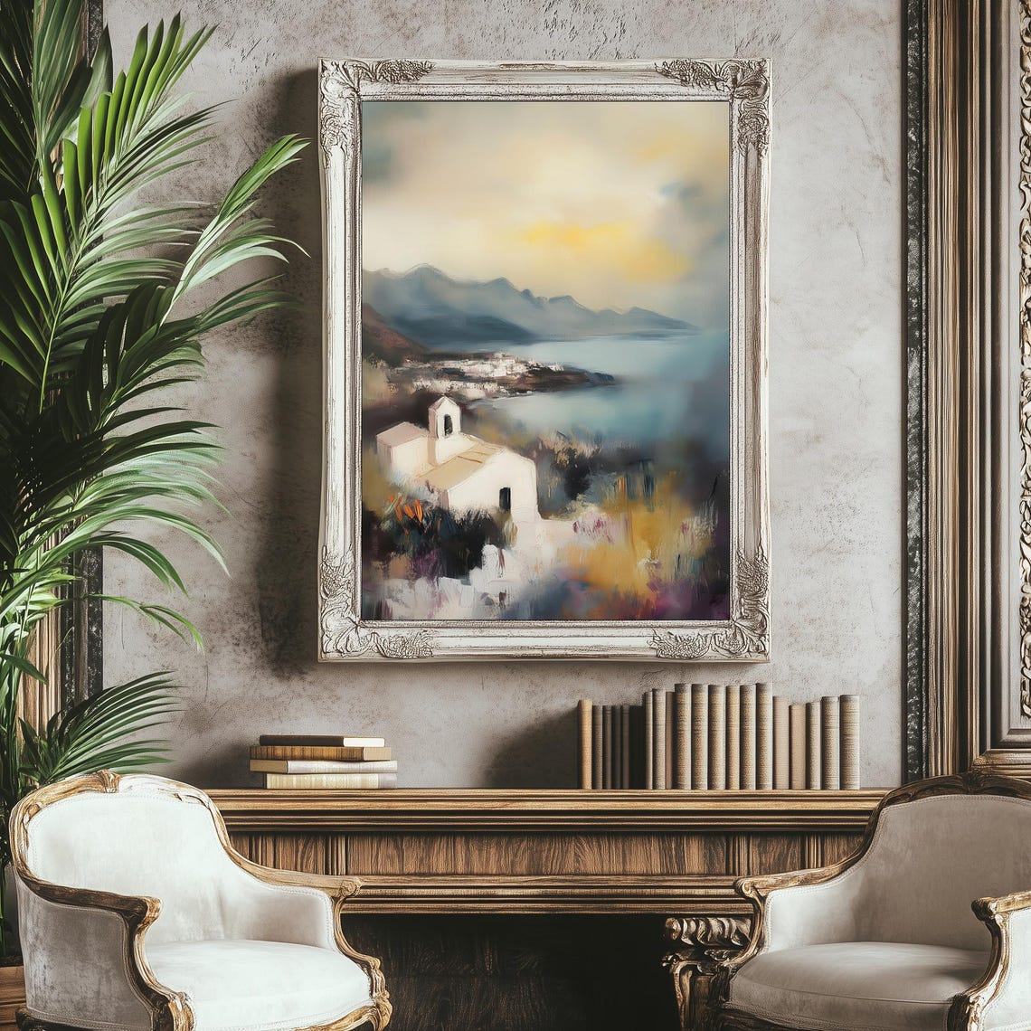 Muted Coastal Chapel Overlooking Quiet Bay Landscape Art Print - Image 4