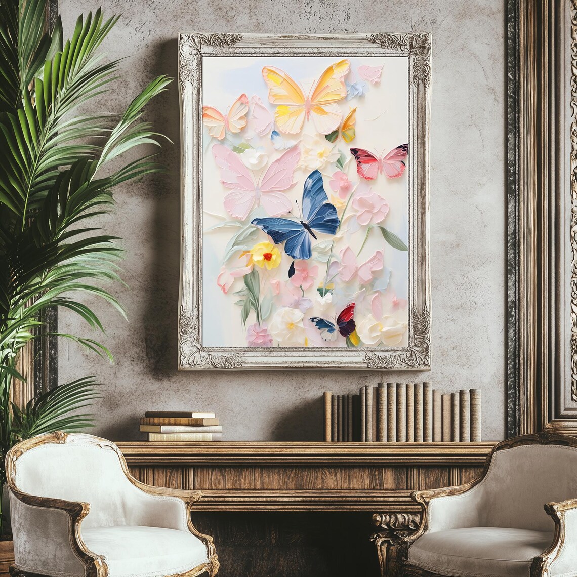 Pastel Butterflies Among Flowers Soft Watercolor Kids Room Art Poster