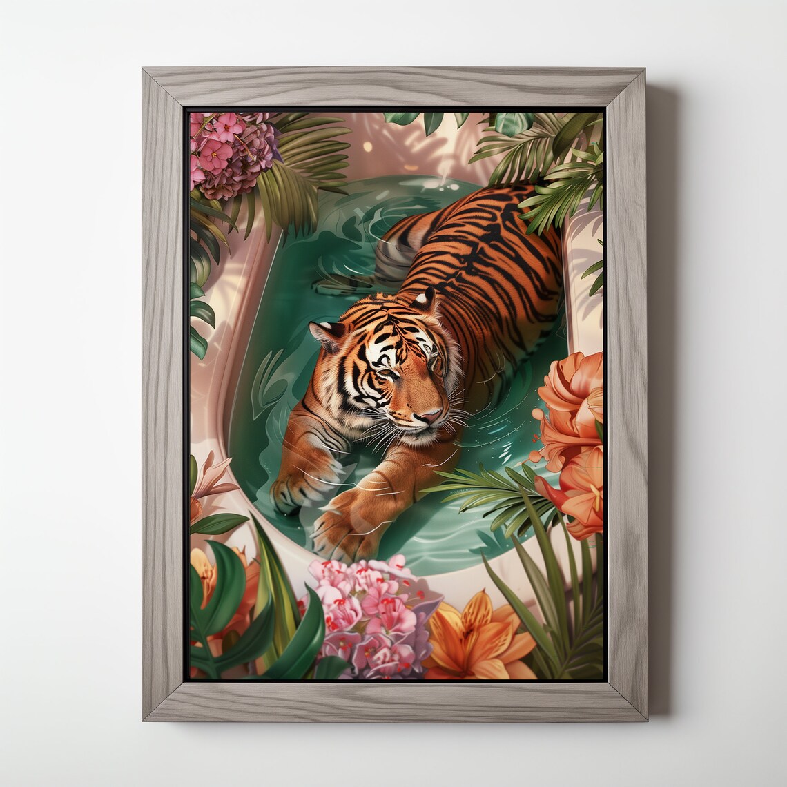 Tiger Relaxing In Bathtub Tropical Flowers Eclectic Jungle Art Poster