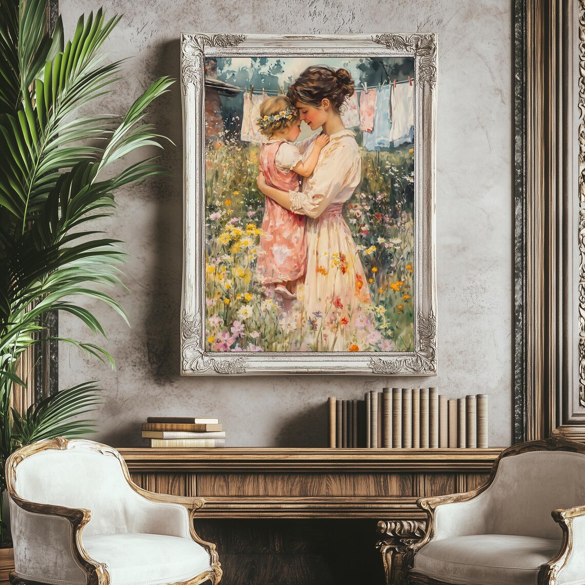 Mother And Child In Wildflower Garden Vintage Cottagecore Wall Art - Image 2
