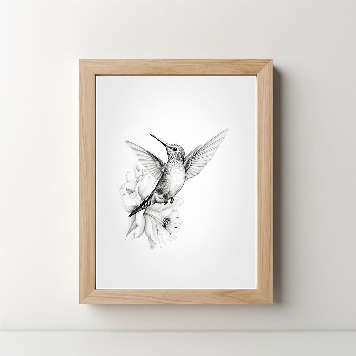 Hummingbird With Lily Black And White Fine Line Sketch Art Poster - Image 5